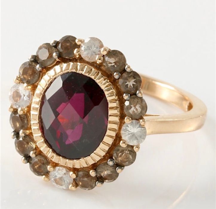 LeVian-inel aur 14 k cu sapphire,cuart fumuriu natural,granat