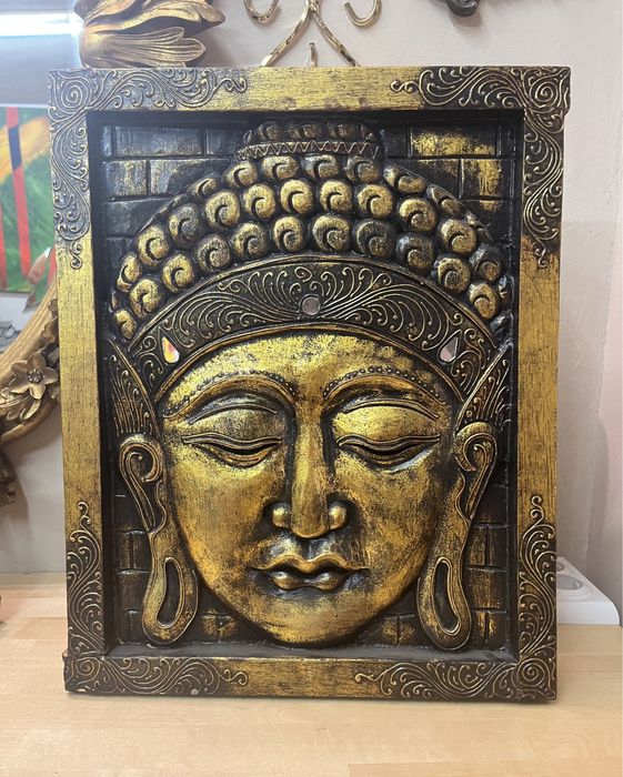 Картина златен Буда панел дървен масив дърворезба уникат голям 45х37х4