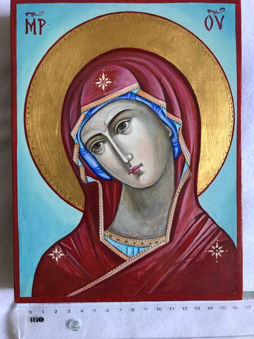 Icoana pictata pe lemn cu foita de aur - Maica Domnului 16x21 cm