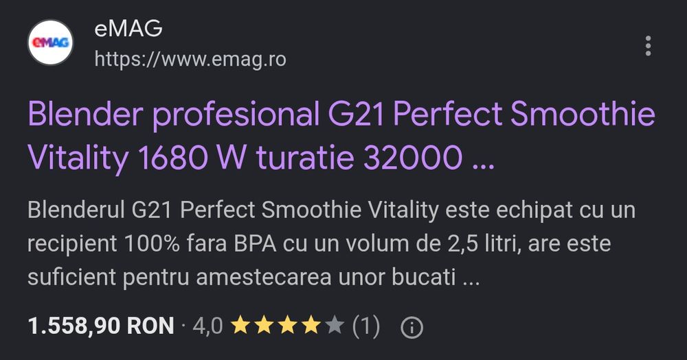 Rezervat - Blender profesional cu cana 1680W G21 Perfect Smoothie Vitality  32000rpm  foarte putin folosit in cutie, cana 2.5L