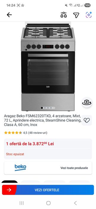 Aragaz Beko FSM62320TXD, 4 arzatoare, Mixt, 72 L