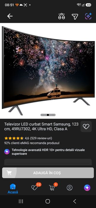 Televizor LED curbat Smart Samsung, 123 cm, 49RU7302, 4K Ultra HD, Clasa A