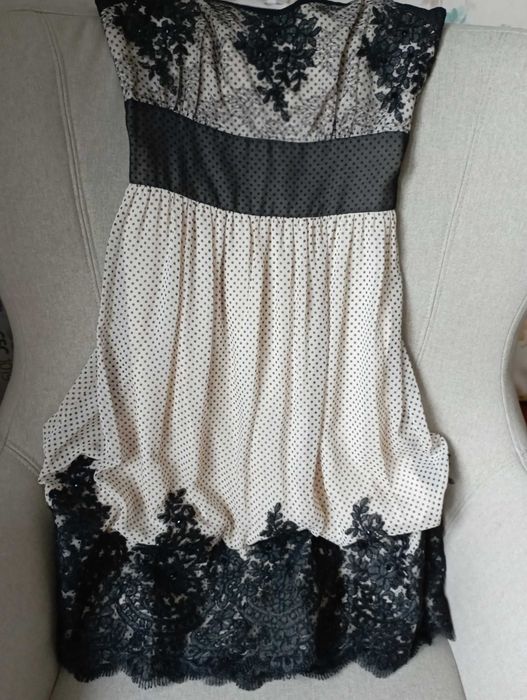 Rochie Guara, mărimea 38, negru/bej cu buline, mătase și dantelă