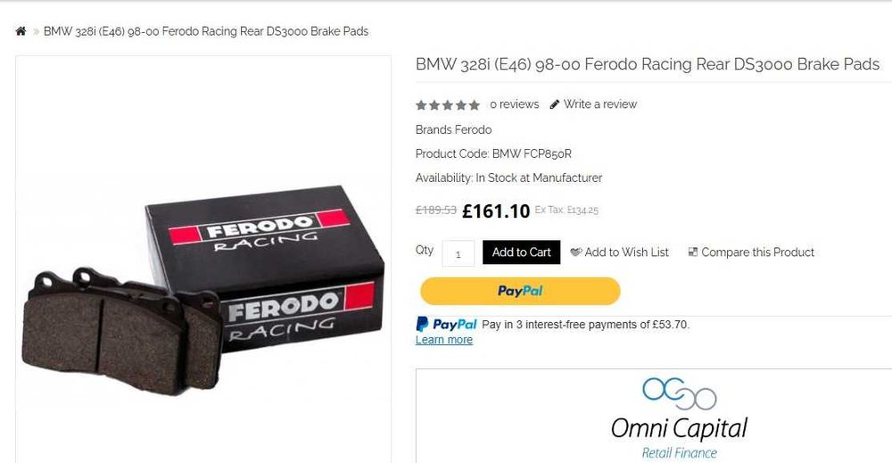 Спирачни апарати от Е46 328i с накладки Ferodo Racing DS3000 НОВИ!
