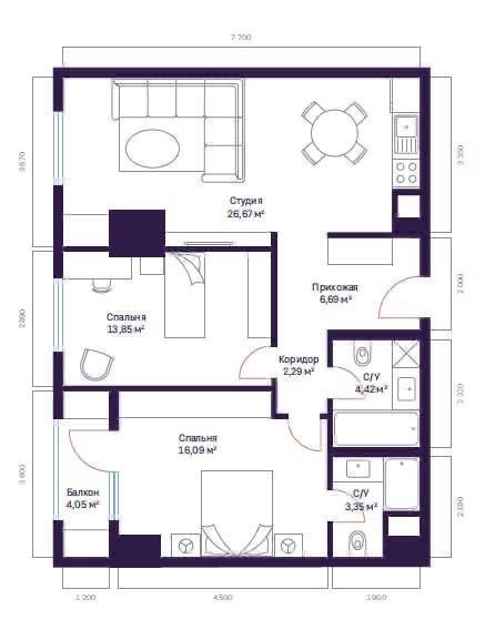 Квартира ЖК Modera Towers 51,25 / 95,59 м2
