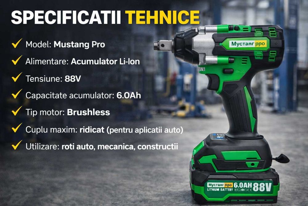 Cheie Impact Mustang Pro 88V – 2 Acumulatori 6.0Ah – Putere Mare