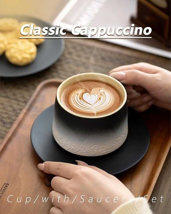 Чаша за капучино 225г, релефна артистична керамична, лате и кафе, арт