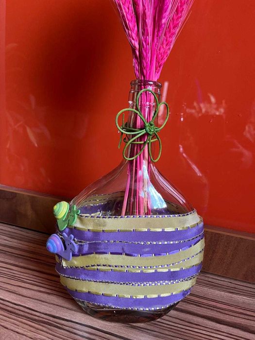 Vază decorativă din sticlă cu aranjament floral uscat, handmade