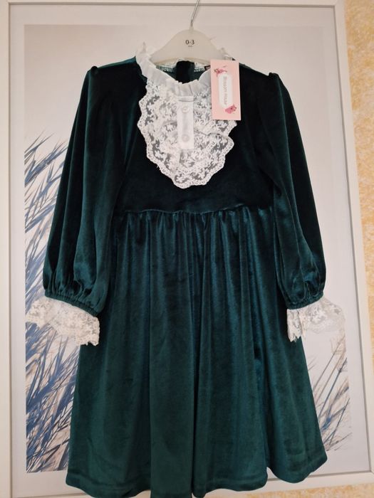 Rochie catifea verde închis pentru fete, 5 si 7 ani