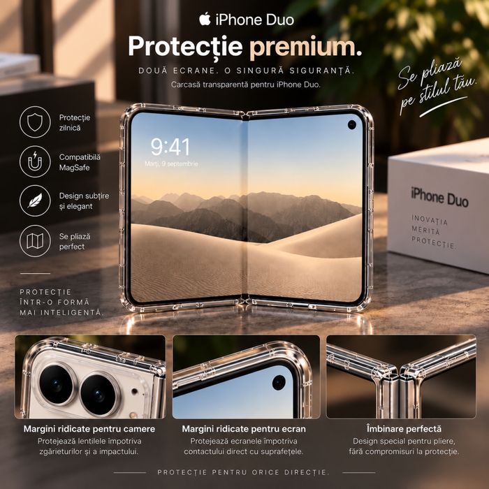 Husa de Protectie Transparenta pentru iPhone Duo, MagSafe, Slim, Pliabila, Margini Ridicate