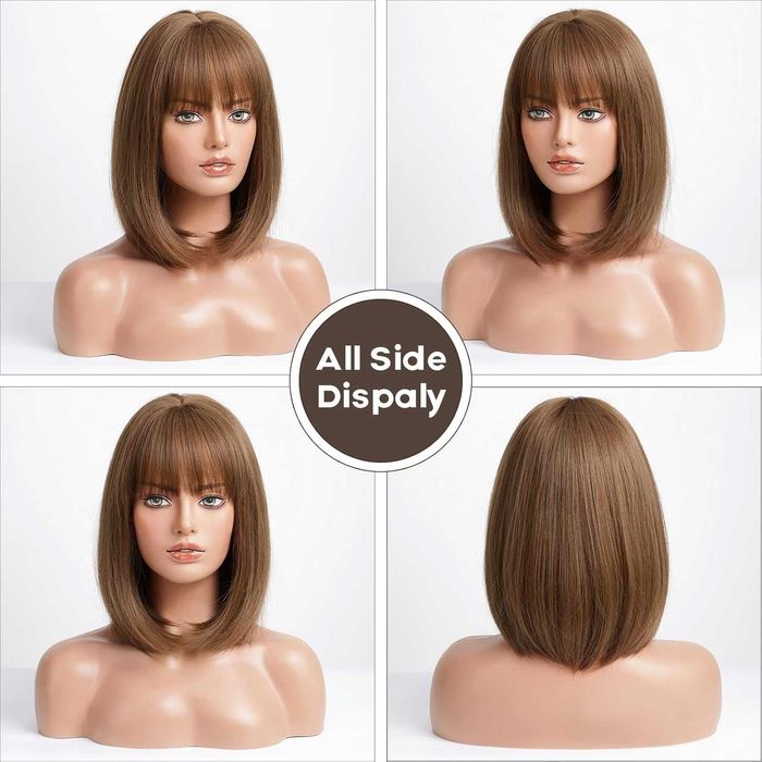 Кафява права синтетична перука с бретон - 35 см