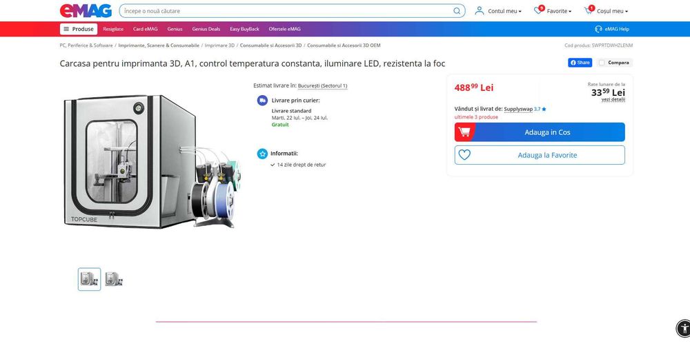 Carcasa imprimanta 3D A1, control temp, ilumin LED, REDUS de la 490RON