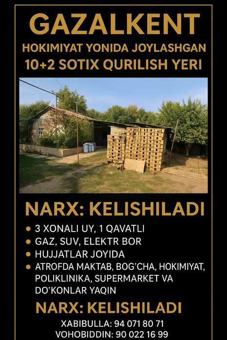 G'azalkent Hokimyat yonida yer sotiladi lakatsiya yaxshi hamma sharoit