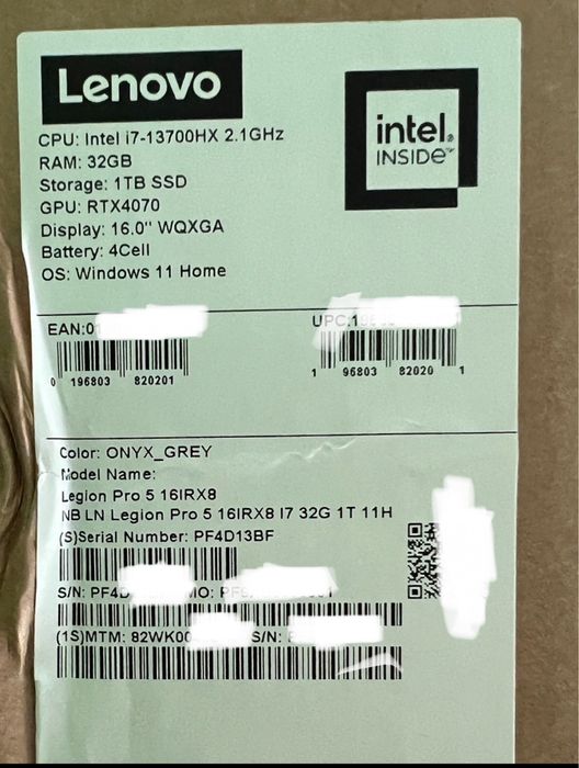 Лаптоп Lenovo Legion 5pro 16IRX8 Intel 17-13700HX RTX4070