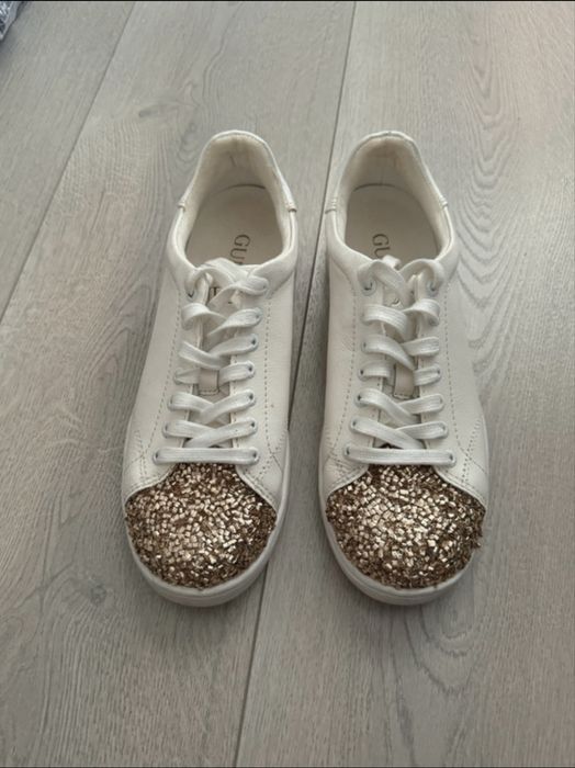 Guess sneakers white and gold glitter real leather