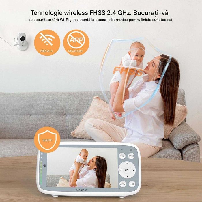 Monitor pentru bebeluși fără WiFi, ecran de 4'' 720P cu cameră și audio, mod activat prin sunet, vorbire