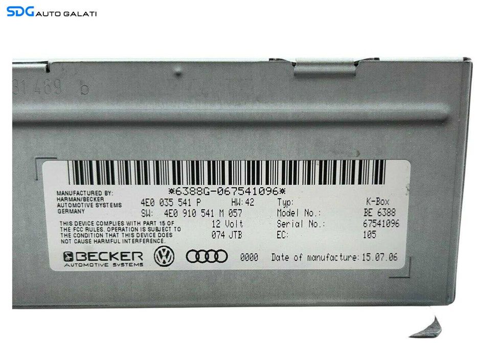 Unitate Modul Amplificator Audio Radio Becker Audi A8 D3/4E 2002 - 2009 Cod 4E0035541P 4E0910541M [LR1040]