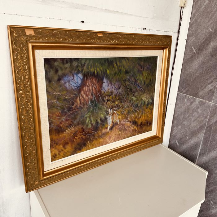 Голяма маслена картина с ловна тематика – заек в гора