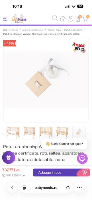 Patut din lemn 2 in 1 cu functie co-sleeper – Waldin 40x90 / 55x90 cm
