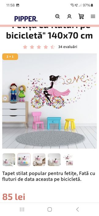 Autocolant de perete "Fetița cu fluturi pe bicicletă" 140x70 cm