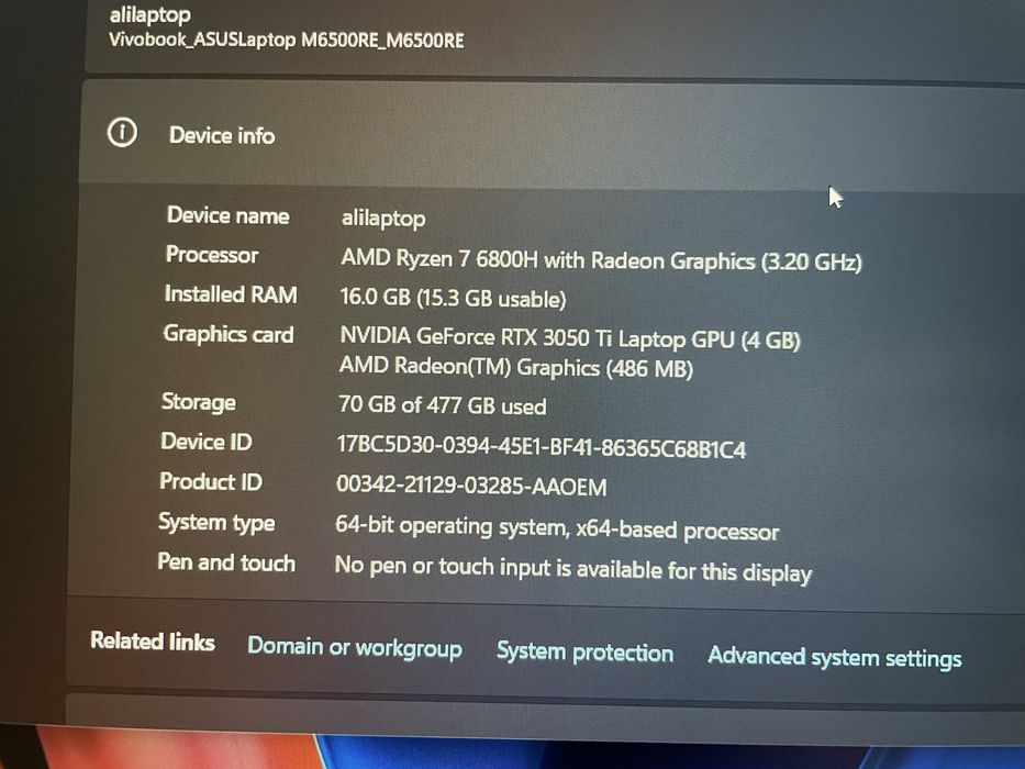 Laptop Asus R7 6800h, 3050 TI, 16gb ram 144hz