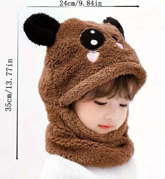 Детски шапки панда с яка от 3 до 8 години