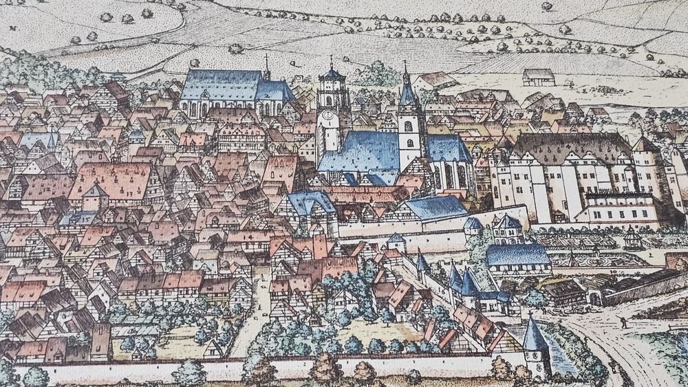 Veduta panoramica Stuttgart 1594 - interpretare dupa Braun & Hogenberg – rama aurita – documente