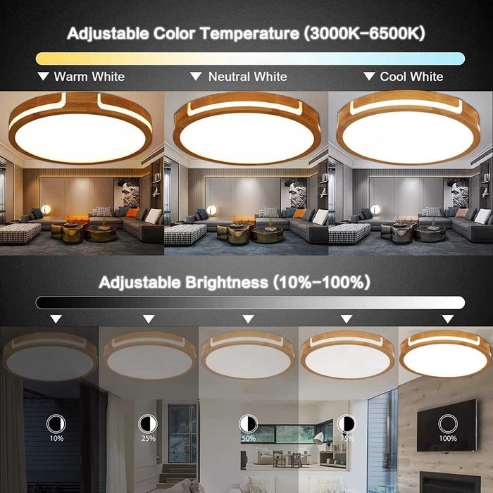 Plafonieră LED din lemn 40 cm, 24W, dimabilă 3000K-6000K, cu telecomandă
