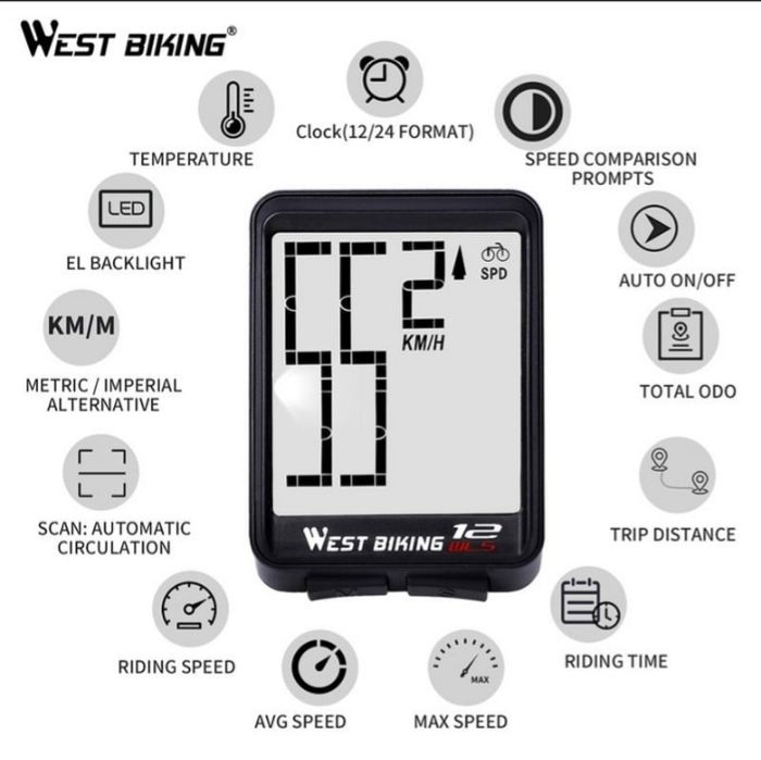 Kilometraj ciclocomputer bicicletă 12 funcții Wireless iluminat Ipx6