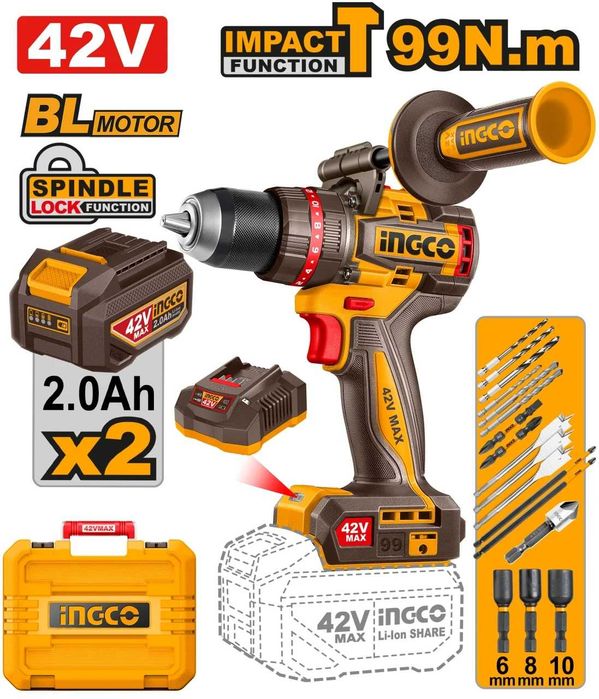 Mașină de Găurit și Înșurubat (Bormașină) cu Impact INGCO 42V, 69Nm, Brushless + 2 Acumulatori, Încărcător, Accesorii și Geantă