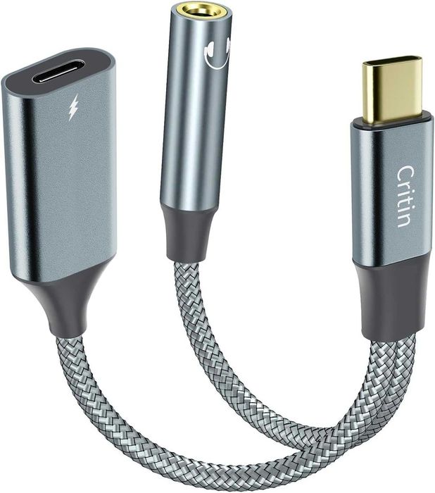 Преходник DAC USB C към 3,5 мм Aux жак за слушалки и адаптер за зарядно USB C 60W бързо зареждане