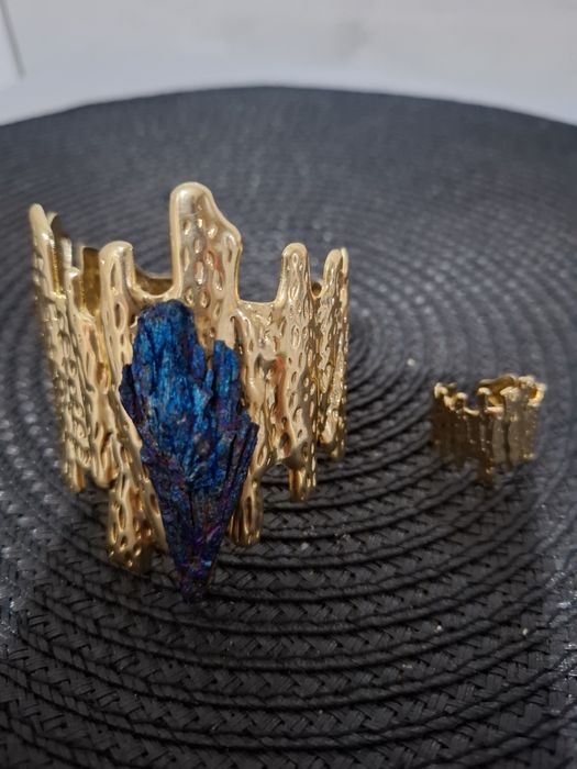 Set cuart Aura albastru bratara 6.5 cm si inel 2 cm reglabile