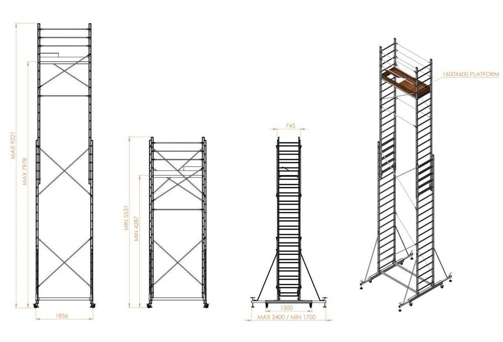 Schela mobila aluminiu telescopica 2x5(m), inaltime lucru 10 metri, o platforma 1,6x0,6(m), max 200kg/mp - CNO-SME-MEGA10