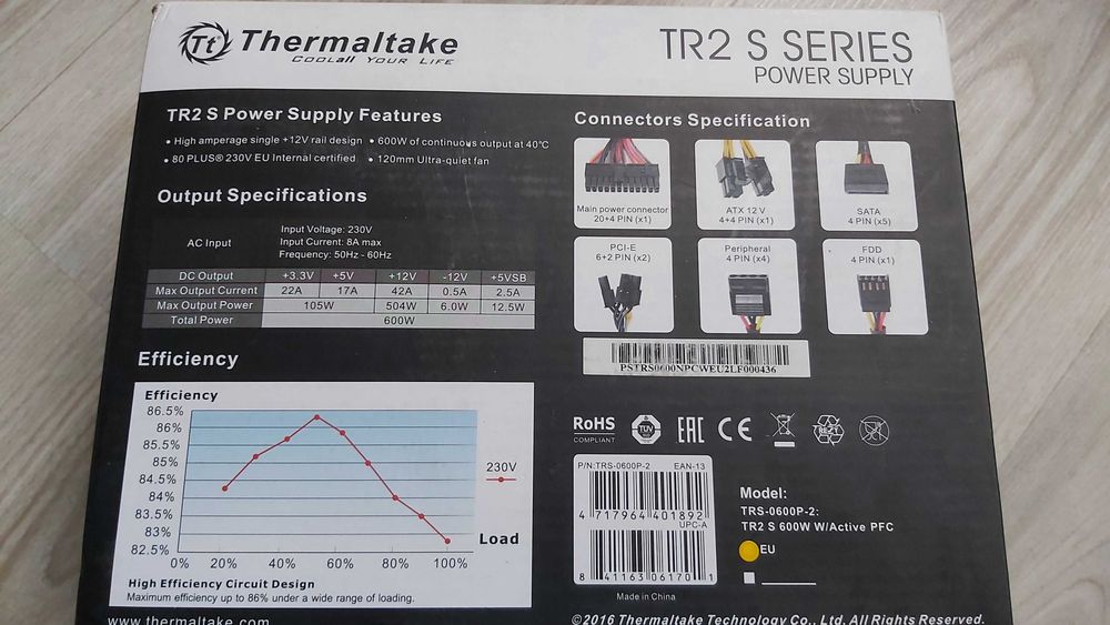 Vând sursa PC Thermaltake TR2S 80+ 600W eficienta 86% ,nouă