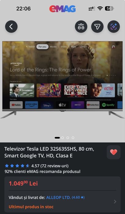 Tv Tesla Led 32S635SHS, 80 cm, Smart Google TV, HD, Clasa E