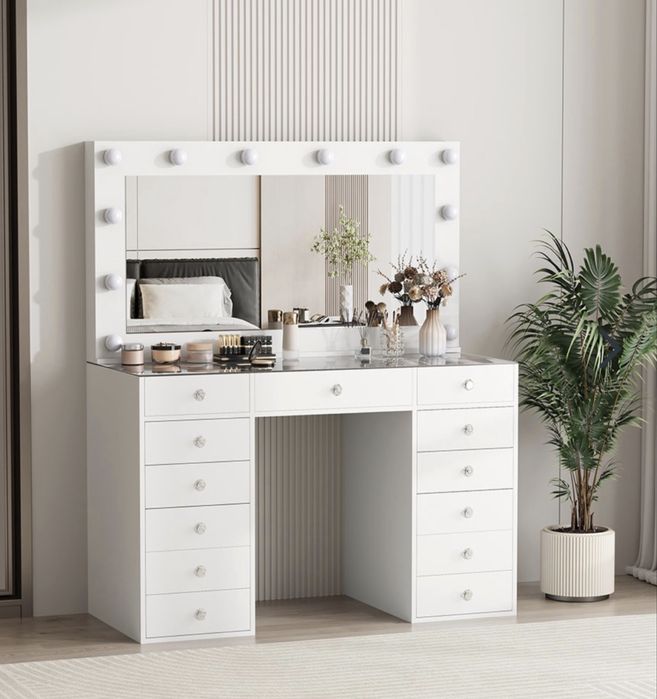 Тоалетка бяла будоар холивудско огледало