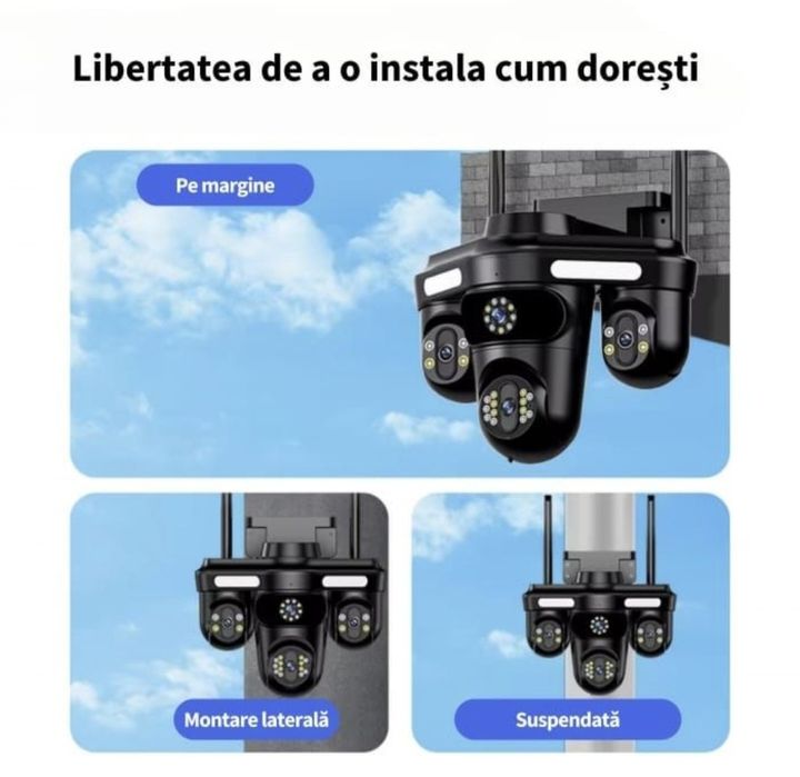 Camera Supraveghere Exterior  Cvadruplă Wireless, 4Lentile,Wifi, Alarm