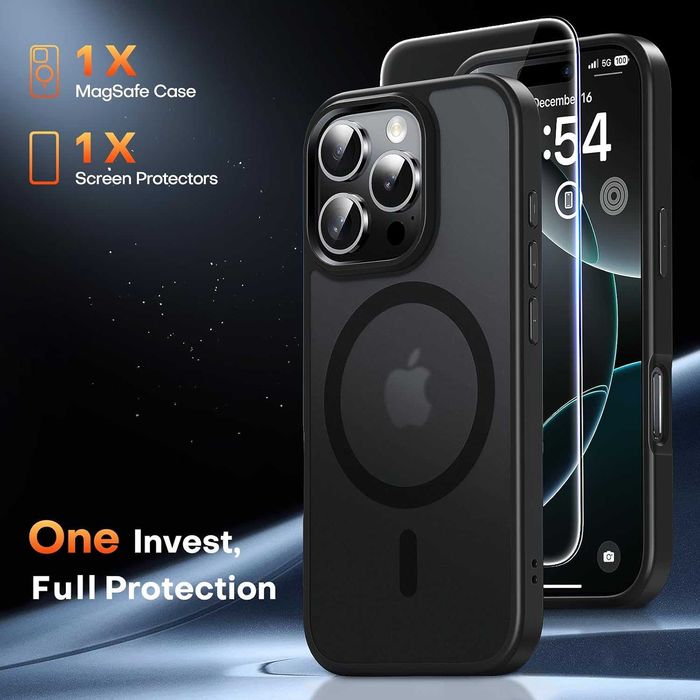 Husa TAURI iPhone 16 Pro, compatibila MagSafe, Negru Mat, sticla 9H inclusa