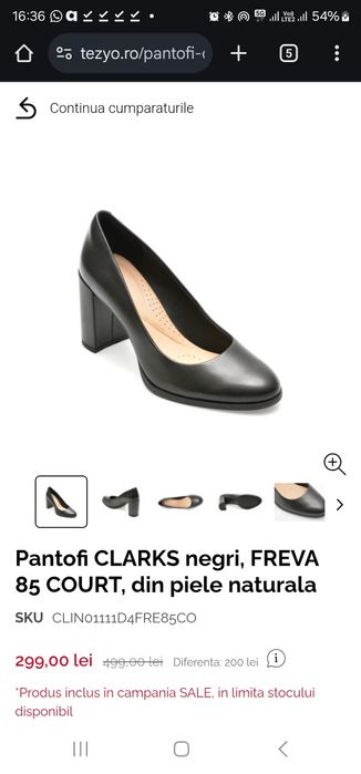 Pantofi CLARKS negri, FREVA 85 COURT, din piele naturala, NOI