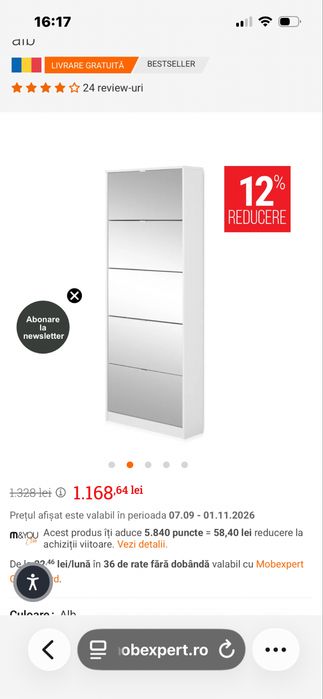 Pantofar alb cu 5 usi cu oglinzi Mobexpert