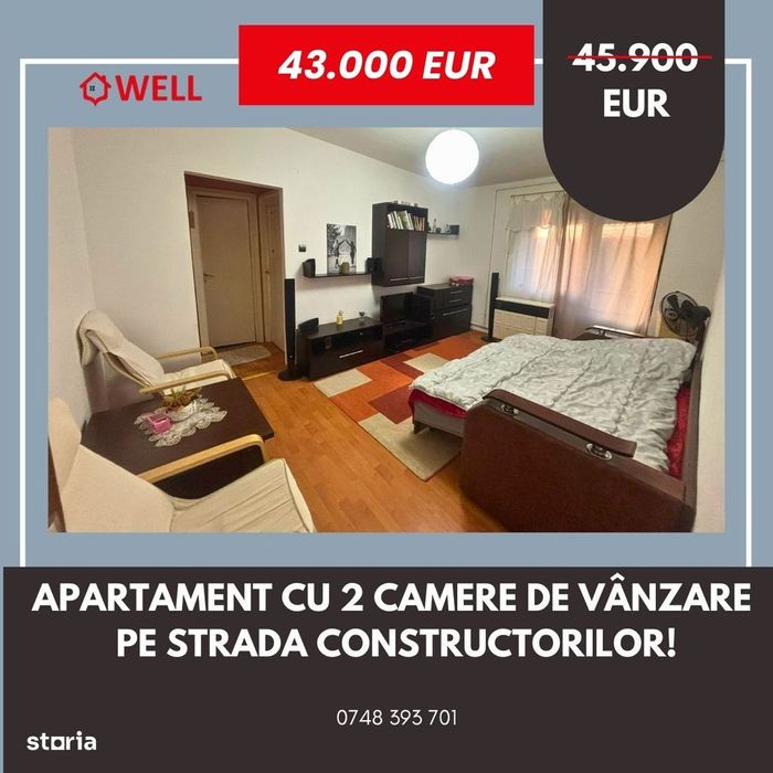 Apartament cu 2 camere de vânzare pe strada Constructorilor!