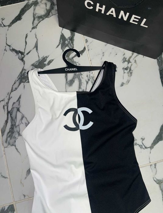цял бански шанел черен бял боди лукс топ chanel