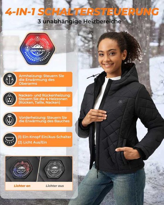 Geacă încălzită GOTOBI pt femei, cu power bank, 8 zone de încălzire