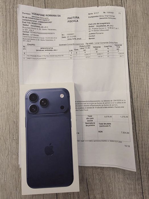 Iphone 16 Pro Max 5G Deep Blue 256Gb NOU Sigilat Factură 2ANI GARANȚIE