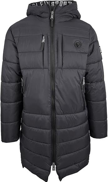 Plein Sport Padded Small Circular Logo Branded Grey Long Jacket