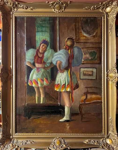 "SASOAICA LA OGLINDA" Tablou F VECHI ulei/pz MARE: 80x60cm+Rama semnat