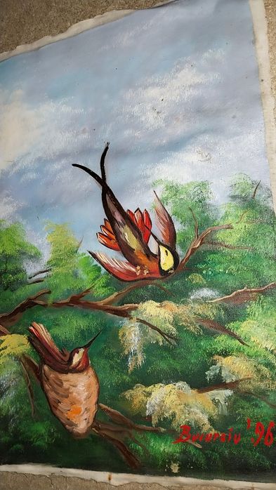 Tablou ulei pe pânză semnat „Bucuroiu ’96” – peisaj montan cu păsări –