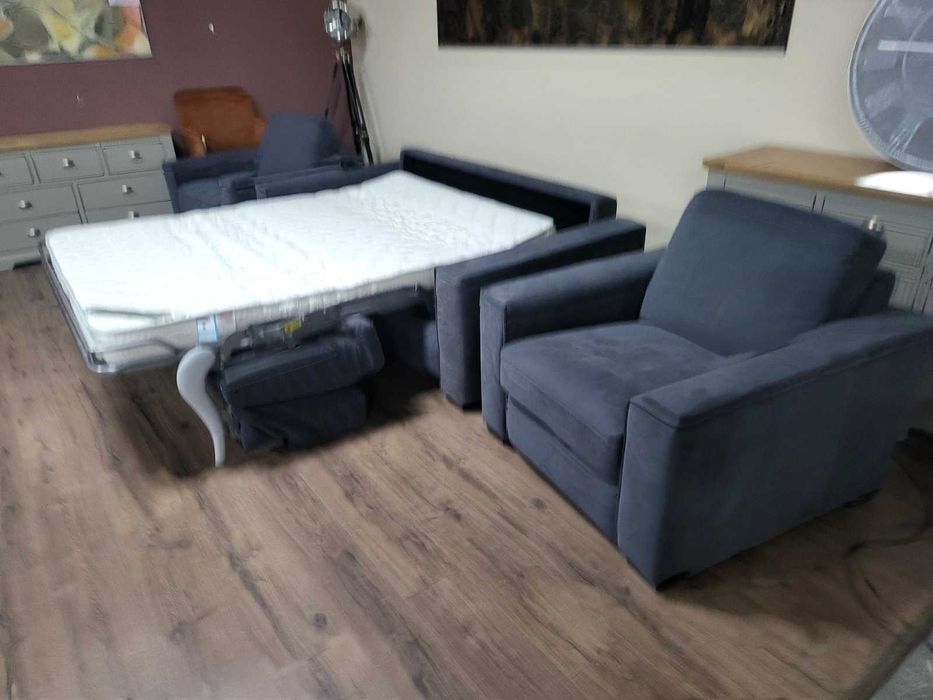 Сив комплект от плат набук диван тройка с функция сън и два фотьойла