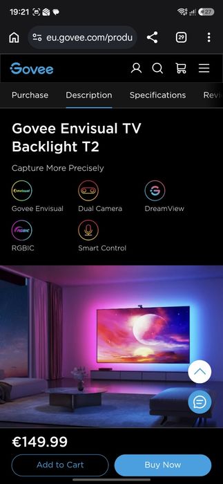 Govee Envisual TV Backlight T2 - Ambilight cu Dual Camera - 55-65 inch - Nou