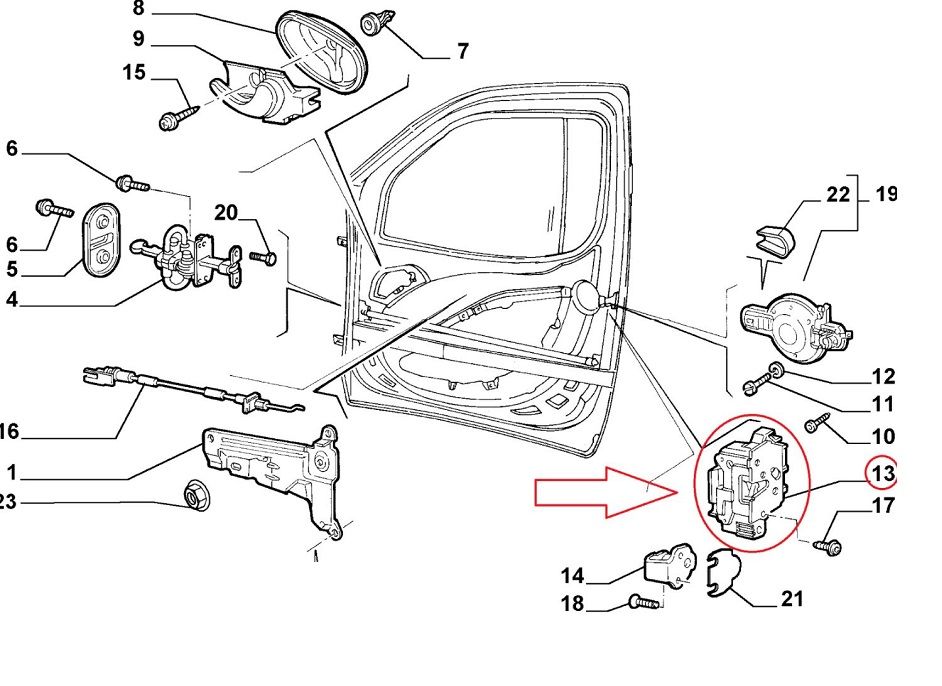Incuietoare usa Fiat Doblo (119/223), 01.2001-12.2005; Fiat Doblo (119/223), 01.2006-01.2010, parte montare fata, stanga/dreapta